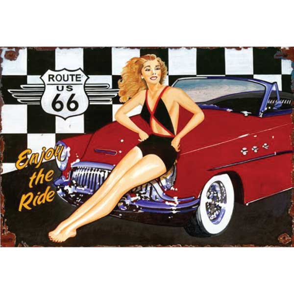 classic car antique-style sign; enjoy the ride; route 66; red convertible