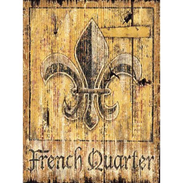 Old wood sign with fleur-de-lis and the text: French Quarter. Distressed Old Panel