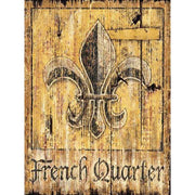 Old wood sign with fleur-de-lis and the text: French Quarter. Distressed Old Panel