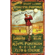 old school ad for Royal Portrush golf club and course; vintage wood sign
