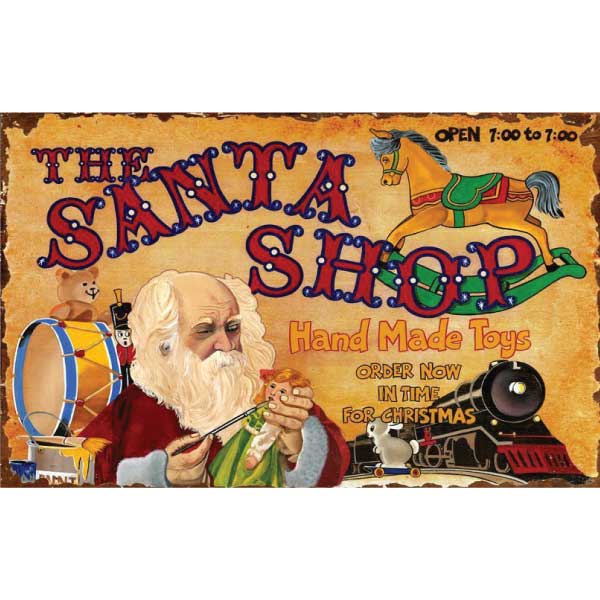 Santa's Shop Toy Store vintage advertisement; old wood sign; order for Christmas