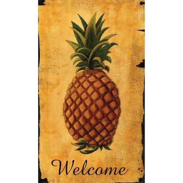 Pineapple against a yellow background with the word: Welcome. Look of a distressed wood sign.