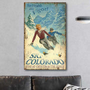ski colorado; crested butte lodge; Skiers on a resort mountain; vintage wood sign