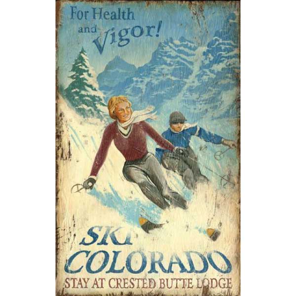 Skier on a resort mountain with white scarf; vintage wood sign