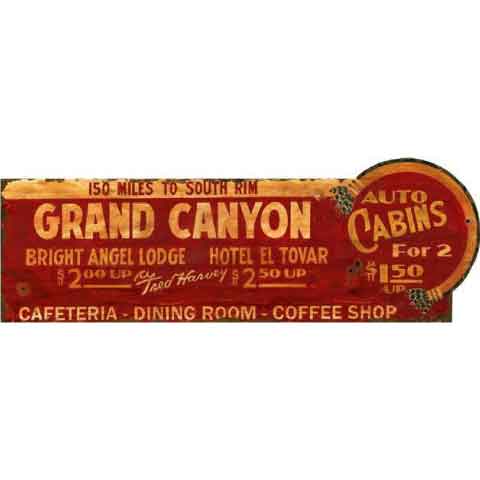 Distressed, vintage ad for hotels at the Grand Canyon, Red