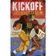 weathered, antique reproduction of classic football advertisement; kickoff at the stadium