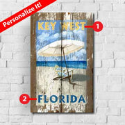 Key West Florida beach scene with umbrella and chair; customization available