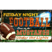 Vintage ad for high school football team called the Mustangs on Friday night under the lights.
