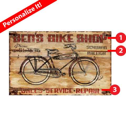 Ben's bike shop distressed sign with customization options