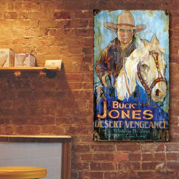movie 'poster' wood sign wall art; shown on a brick wall