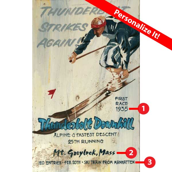 Thunderbolt downhill ski race vintage advertisement; Greylock, MA; personalize the location