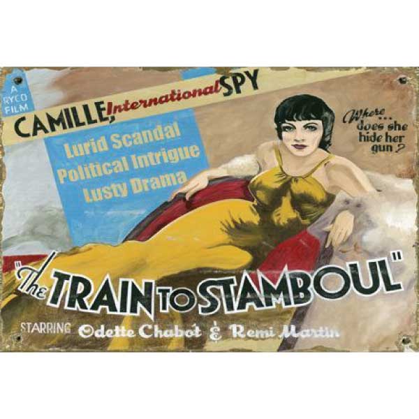 Classic movie poster as a wood sign; espionage and international spy film; The Train to Stamboul