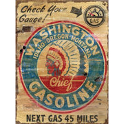 Old ad for Chief Gasoline; weathered wood sign; Next Gas 45 miles