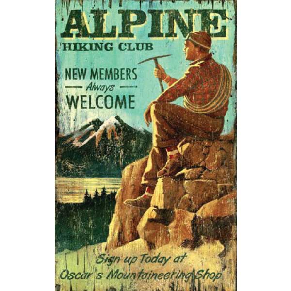 Old wooden sign for Alpine Hiking Club in the Rocky Mountains. Wood wall art.