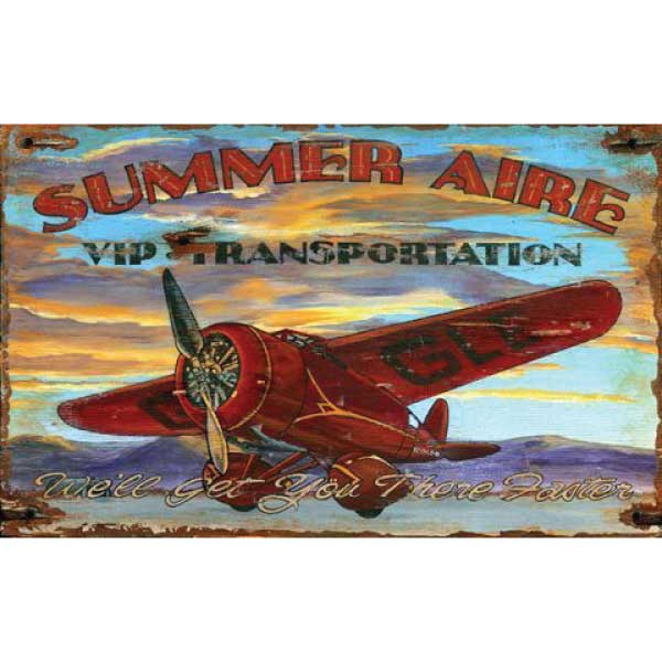 Red piston plane flying sign; text we'll get you there faster
