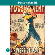 Summer Classic Baseball Tournament vintage ad on wood boards with personalization