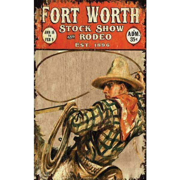 Stock show vintage ad; old wood sign; fort worth, TX
