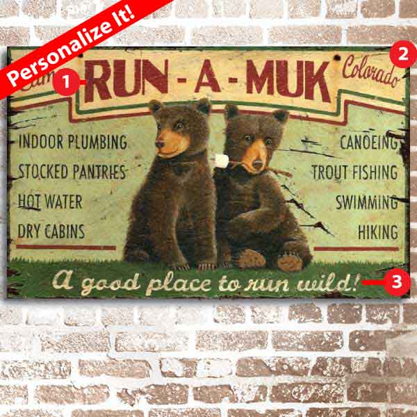 Camp Run-A-Muk. Vintage wood sign, weathered on distressed wood panel; personalize the text. Bear with marshmallow