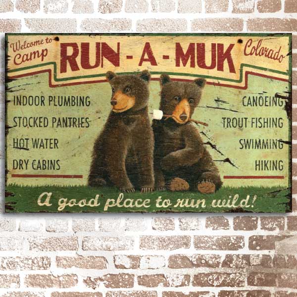 Celebrate summer camp! Welcome to Camp Run-A-Muk. Vintage wood sign, weathered on distressed wood panel