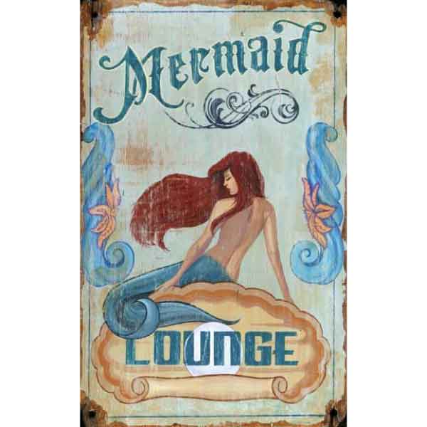 Distressed, vintage ad for Mermaid Lounge; blue