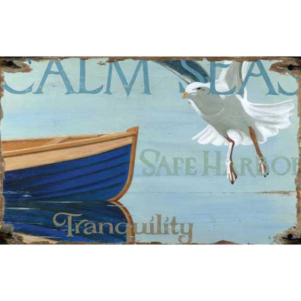antique-style wood sign for Calm Seas, safe harbor and seagulls