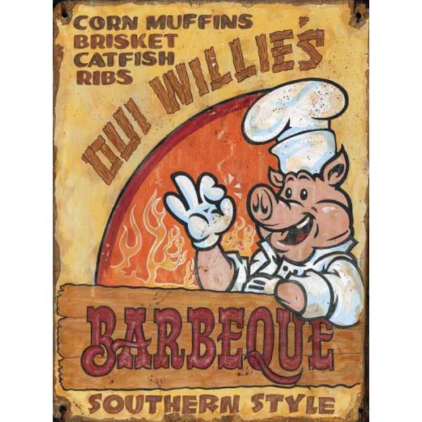 Barbeque Southern Style; Oui Willie's; Ribs, catfish, brisket, corn muffins; image of a pig in a chefs hat