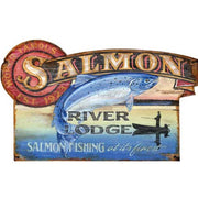 Vintage ad for Salmon River Lodge; Salmon Fishing at its Finest; World Famous; Image of Salmon and man fishing from a boat on a river; Vintage wood sign