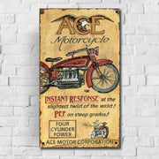 Vintage ad for Ace Motorcycle; retro sign with distressed look
