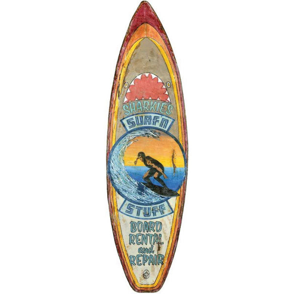 Sharkier Surf'f Stuff Board Rental and Repair-wood sign cutout to shape of board