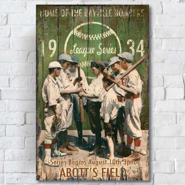 Boys baseball team, 1934, League Series; vintage wood sign