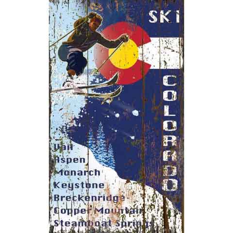skier racing down the mountain with the Colorado state flat as the background; Ski Colorado; lists 7 different ski resort names