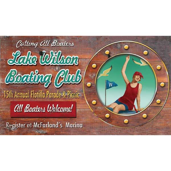 Boating club - all boaters welcome. wood panel sign with image of waving boater through a portal. Lake Wilson.