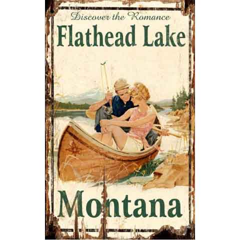 Retro sign of couple in canoe on Flathead Lake, Montana.