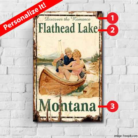 Retro sign of canoe on Flathead Lake, Montana. With options for personalization.