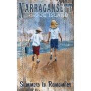 Kids beachcombing with text Summers to Remember Narragansett Rhode Island