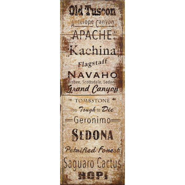 Weathered wood sign with names of Arizona towns