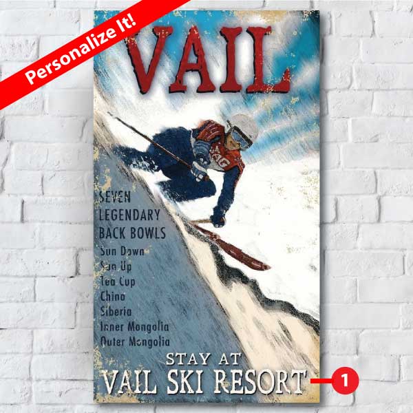 vintage wood sign for Vail downhill skiing