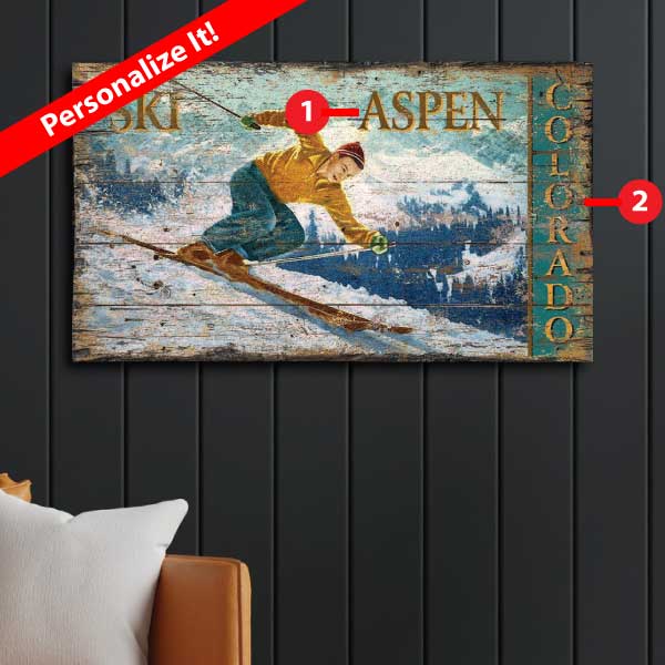 personalize your vintage wood sign of skier in Aspen Colorado