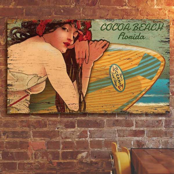 old time surfer girl with surfboard on a beach; personalize it; vintage wood sign
