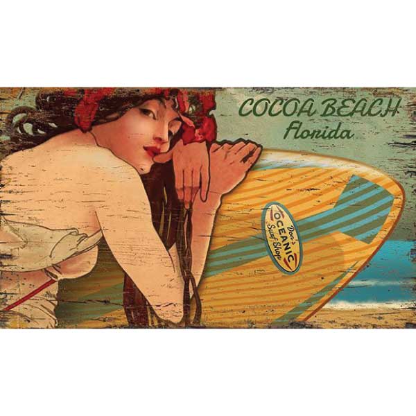 old time surfer girl with surfboard on a beach; Cocoa Beach, Florida; vintage wood sign
