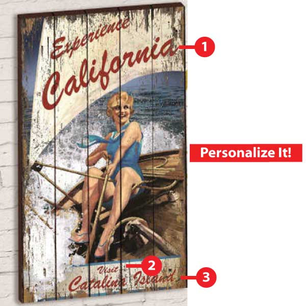 customizable wood sign; Women sailing a dingy; Experience California; Catalina Island