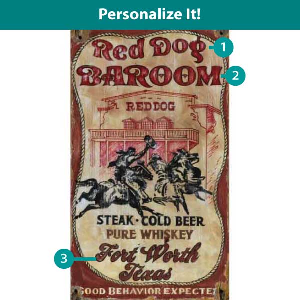 customizable Rustic vintage wood sign for Red Dog Baroom. Fort Worth Texas. Bar decor