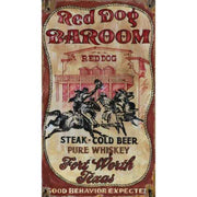 Rustic vintage wood sign for Red Dog Baroom. Fort Worth Texas.