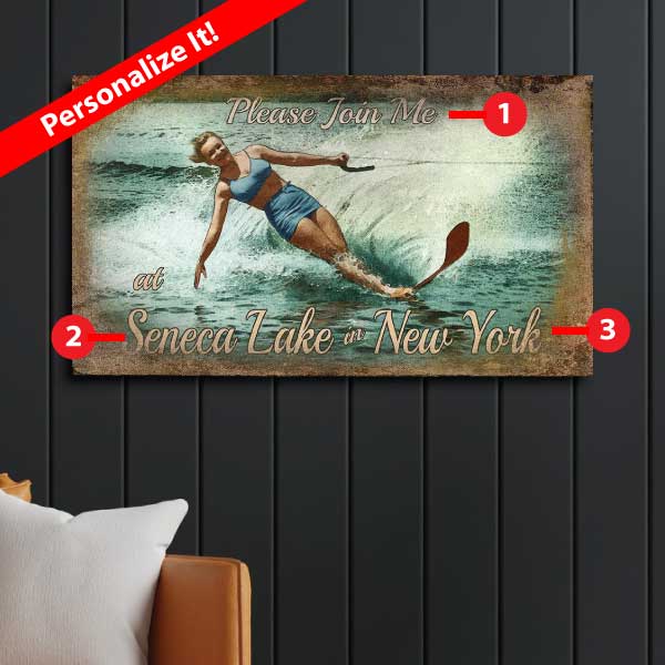 personalize wood sign of women Water skiing at Seneca Lake in New York