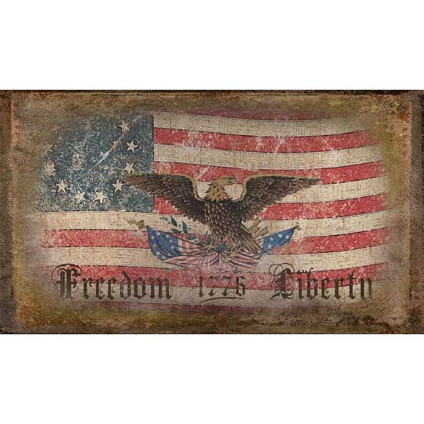 Weathered US flag with words Freedom 1776 Liberty