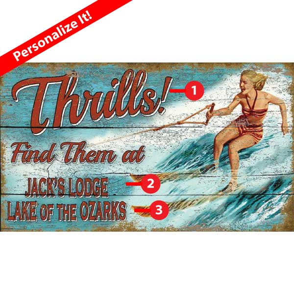 Customize Thills of waterskiing; image of girl waterskiing on two skis. Your lodge name here Jack's lodge vintage ad