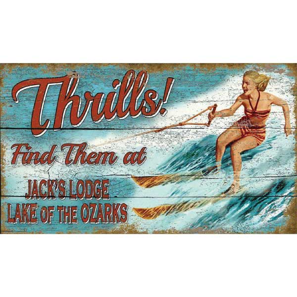 Waterskiing on Lake of the Ozarks; Thrills!; image of girl waterskiing on two skis. Jack's lodge vintage ad