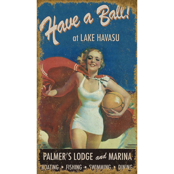 Vintage sign of girl at Lake Havasu with a ball; boating, fishing, swimming, dining