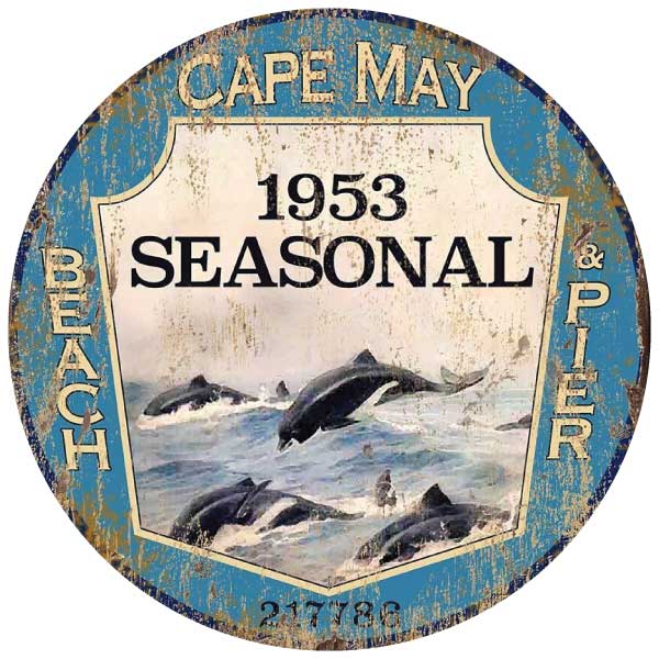 Cape May Beach & Pier 1953 Seasonal tag. Round vintage wood sign.