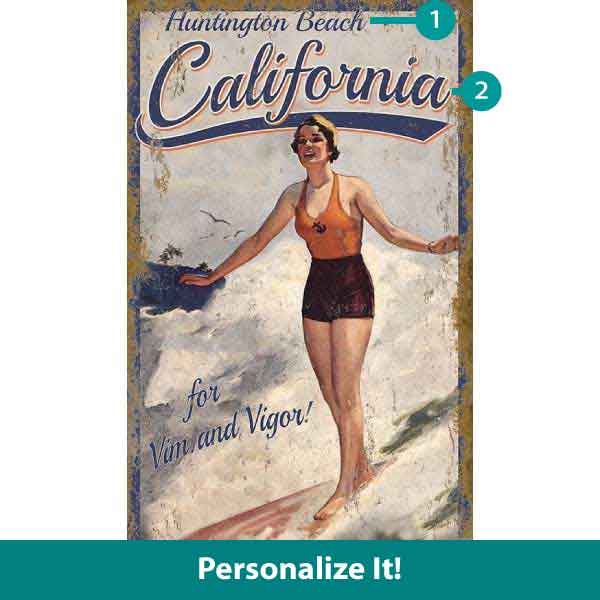 early century girl surfing at Huntington Beach, California. Old wood sign; personalize with location